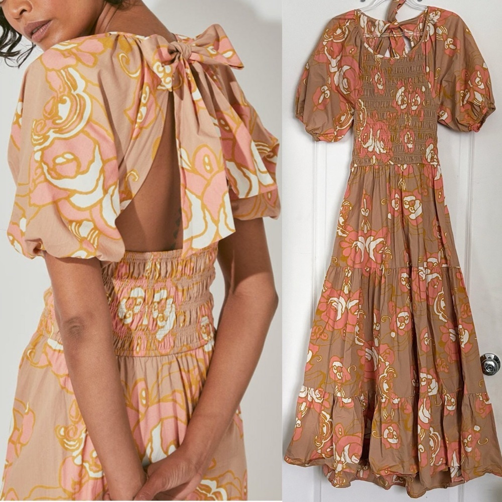 Cleobella Alana Ankle Dress Abstract Rose Print cut out smocked bow tie back s